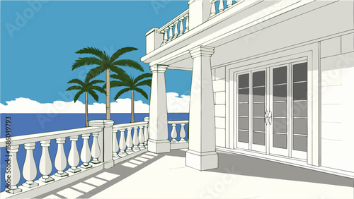 Balcony overlooking the ocean with palm trees white columns and french doors.