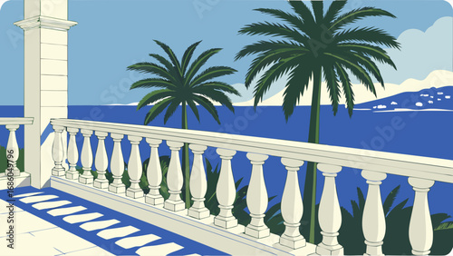 Balcony View of Ocean with Palm Trees and Balustrade Summer Vacation Tropical Getaway Coastal Landscape Illustration.