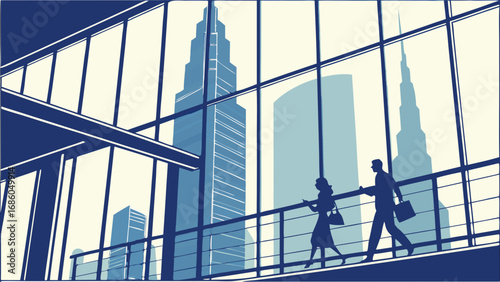 Business People Walking in Modern Cityscape Skyline View Through Glass Walls.