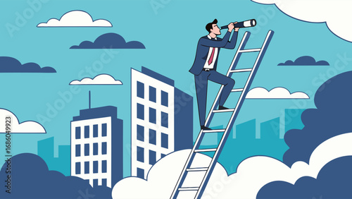 Businessman Climbing Ladder to Success Using Telescope to Look at Future Cloudscape Background.