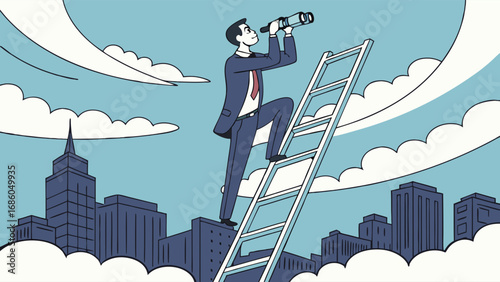 Businessman Climbing Ladder to Success Using Binoculars to See Future Opportunities Above Cityscape.