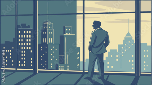 Businessman looking at city skyline from office window urban view modern cityscape illustration.