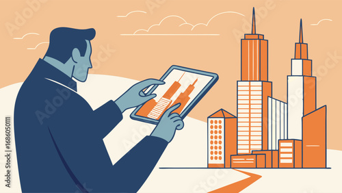 Businessperson using tablet to view cityscape urban planning modern city development concept illustration.