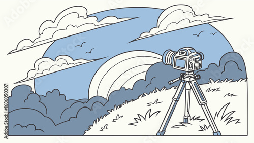 Camera on a tripod overlooking a scenic landscape with a sunset and clouds.