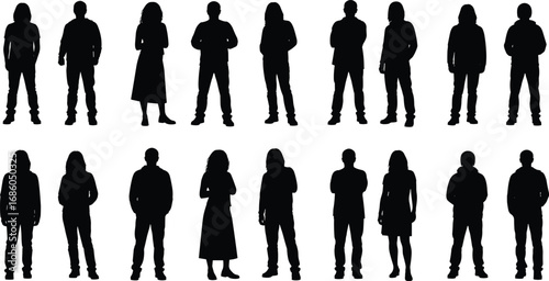 Silhouettes of men and women standing, casual poses, diverse group, people vector illustration, confident stance, modern lifestyle - flat vector illustration