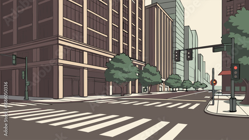 Cartoon City Street Scene Urban Crosswalk Buildings and Trees Illustration.