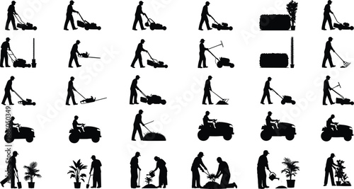 Silhouettes of people gardening, mowing lawn, planting trees, watering plants, lawn care, landscaping work, garden maintenance, outdoor activity - flat vector illustration