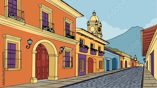 Charming cobblestone street with colorful buildings and mountain view