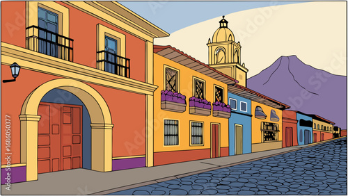 Charming Cobblestone Street with Colorful Buildings and Mountain View.