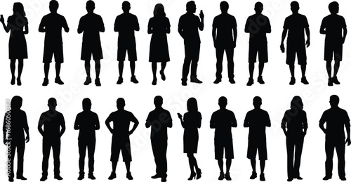 Casual people silhouettes vector set, men and women standing, walking, talking, everyday clothing, flat design for illustration use.