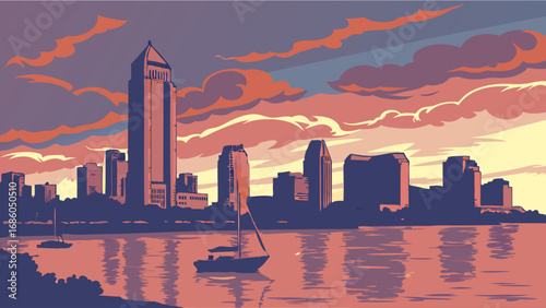 Cityscape at Sunset with Boats on Calm Water.