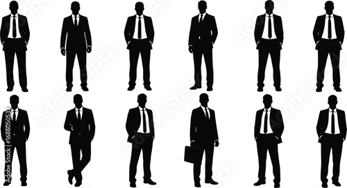 Silhouette of multiple business men wearing suits and ties in various standing poses, professional corporate team concept, isolated white background, flat vector illustration