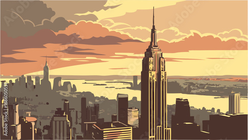 Cityscape at Sunset Modern City Skyline Illustration Urban Landscape Evening View Tall Buildings Architectural Design.