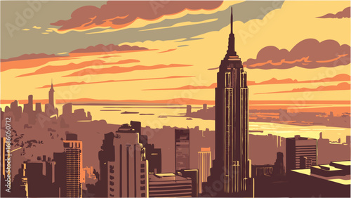 Cityscape at Sunset Urban Skyline High-Rise Buildings Golden Hour View Architectural Illustration Modern City Evening Panorama Dramatic Clouds Cityscape Illustration Urban Background Sunset City City.