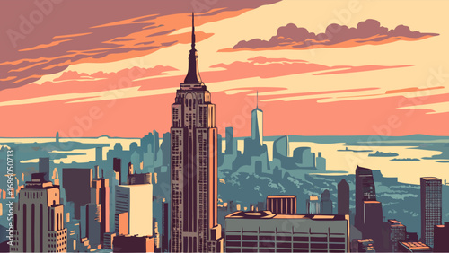 Cityscape at Sunset Urban Skyline Highrise Buildings Evening Panorama Illustration.