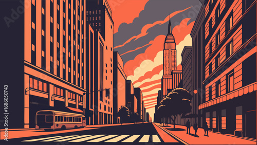 Cityscape at Sunset Urban Street Scene with Bus and Tall Building in Background.