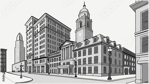 Cityscape illustration urban architecture drawing grayscale buildings street scene downtown perspective modern and classic buildings architectural design black and white city urban landscape illustra.