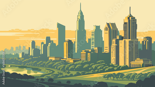 Cityscape Skyline at Sunset with Parkland.