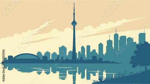 Cityscape Skyline Waterfront Modern City Tall Buildings Urban Landscape Evening Sunset Reflection Lake River Architecture Design Illustration Vector Graphic Background Panorama Calm Serene Peaceful T.