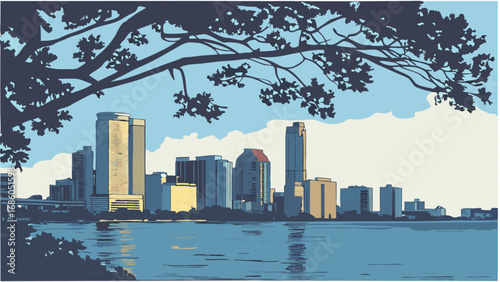 Cityscape view from under tree branches modern buildings waterfront urban scene stylized illustration.