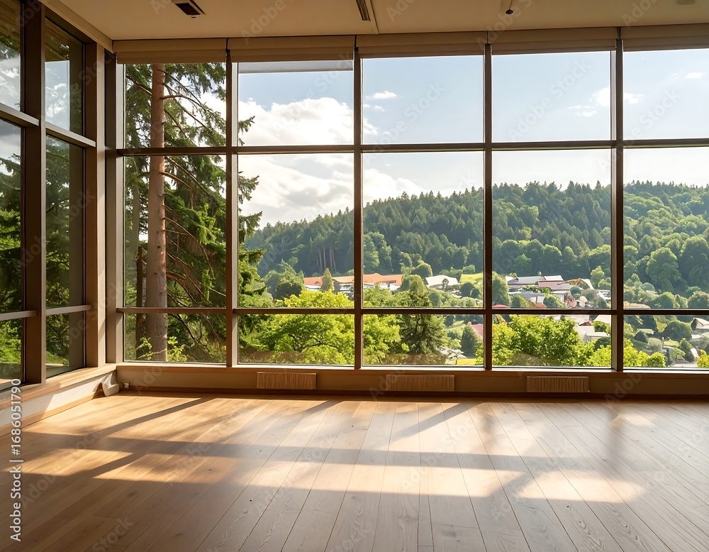 Fototapeta premium Spacious room with large windows overlooking a forest