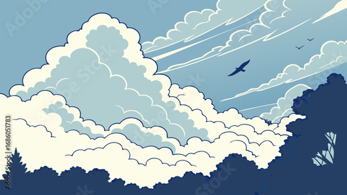 Cloudscape illustration fluffy clouds over trees birds flying in blue sky nature background whimsical design vector art graphic design element artistic landscape peaceful scene serene view idyllic se.
