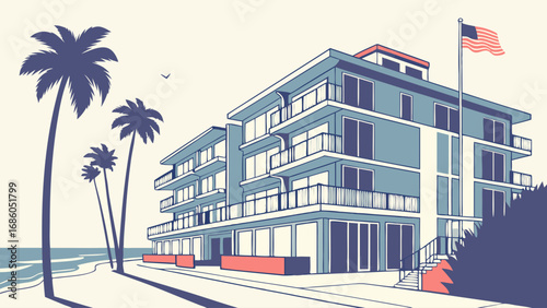 Coastal Apartment Building Illustration Beachfront Property Tropical Vacation Summer Design Ocean View Palm Trees Architectural Design Mid Century Modern Style.