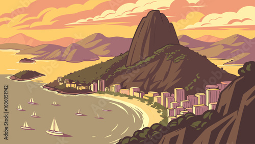 Coastal Cityscape at Sunset with Sailboats and Mountain.