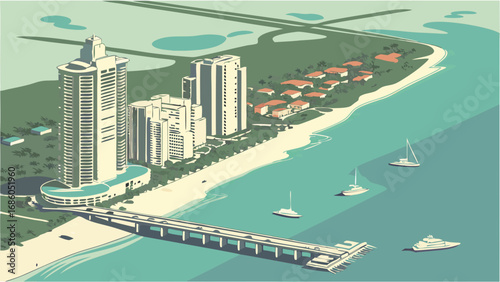 Coastal Cityscape High-Rise Buildings Beach Ocean and Boats Aerial View Illustration.