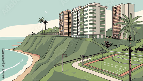 Coastal Cityscape Illustration Modern Buildings Ocean View and Sports Court.