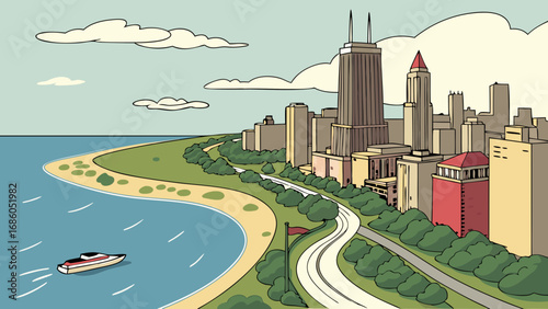 Coastal Cityscape Illustration Retro Style Skyline Beach Boat and Park.