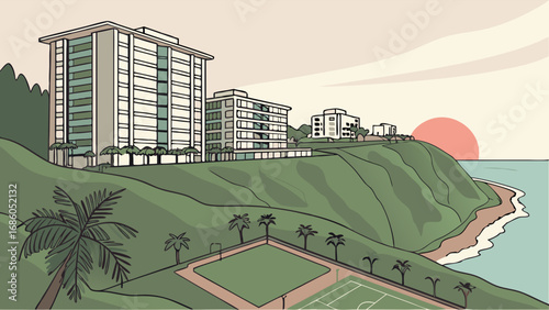 Coastal Cliffside Apartments with Ocean View and Sports Fields at Sunset.