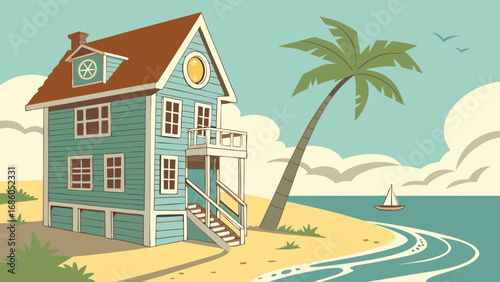 Coastal House Illustration Beach House Cartoon Summer Vacation Home Tropical Seaside Scene Idyllic Beachfront Property Ocean View Cottage Palm Tree and Beach Summer Holiday Illustration Vintage Style.