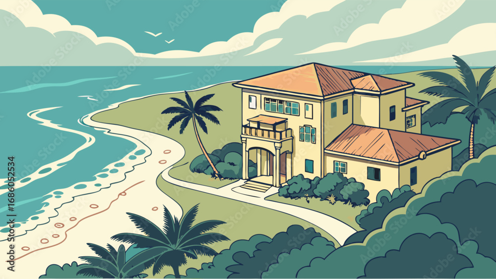 Obraz premium Coastal House Ocean View Tropical Beach Summer Vacation Illustration Seaside Property Palm Trees Luxury Home Design Architectural Drawing Vacation Rental Real Estate Marketing Travel Poster Idyllic L.