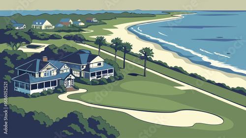 Coastal House Ocean View Golf Course Beachfront Property Illustration.