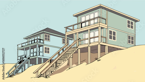 Coastal houses illustration beach house architecture vacation home design summer house drawing seaside dwelling elevated home stairs to beach sandy dune summer illustration coastal lifestyle beach sc.