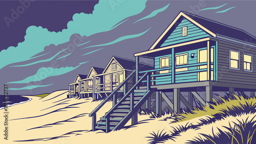 Coastal houses on beach at dusk vector illustration vacation home summer seaside ocean view tranquil scene.