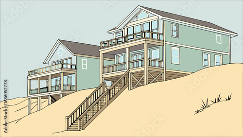 Coastal Houses on Sand Dune Beachfront Property Illustration Vacation Home Design.