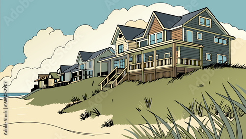 Coastal Houses on Sandy Dune Summer Vacation Home Illustration Beachfront Property Art.