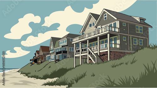 Coastal Houses on Sandy Dune Summer Vacation Homes Beachfront Property Illustration.