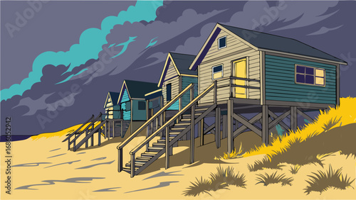 Coastal houses on stilts under a dramatic sky beach scene illustration.
