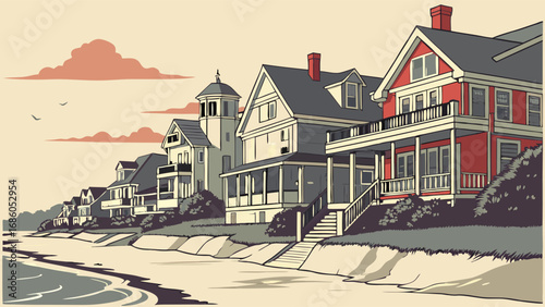 Coastal Houses Beachfront Property Ocean View Summer Vacation Home Illustration.