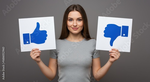 Thumbs Up, Thumbs Down Decision: A poised individual confidently presents both thumbs up and thumbs down symbols, representing choices, opinions, and decisions.