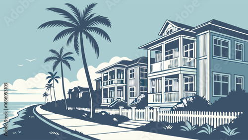 Coastal houses palm trees ocean view summer vacation beach houses seaside homes tropical scene vacation home real estate illustration summer holidays tropical getaway coastal landscape beachfront pro.