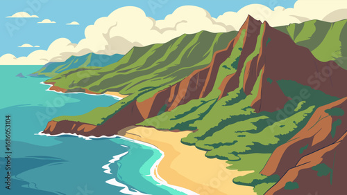Coastal Landscape Illustration Ocean Beach Mountains Tropical Paradise Summer Vacation Nature Scene.