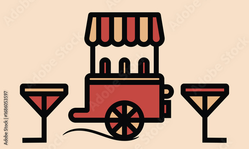 Red and Orange Mini Street Stall Hand Push Food Truck Vector Illustration