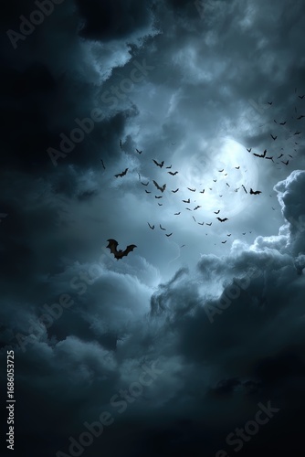 Bats flying through cloudy night sky illuminated by moonlight