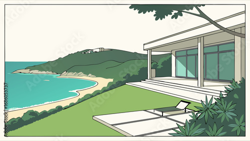 Coastal Modern House Illustration Ocean View Beachfront Property Summer Vacation Tropical Landscape Design.
