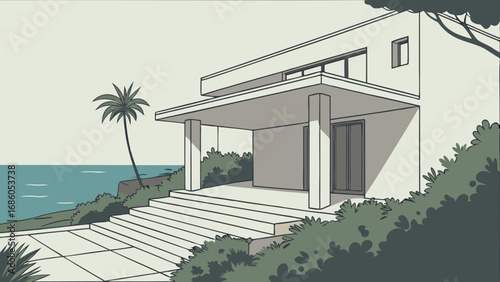 Coastal Modern House Illustration Ocean View Home Design Minimalist Architecture Drawing Seaside Property Tropical Landscape Exterior Design Home Exterior House Illustration Architectural Drawing Mod.