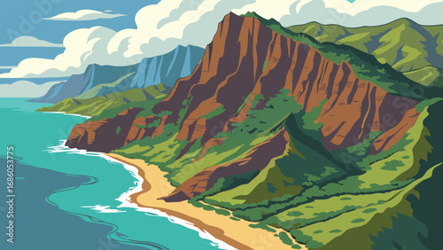 Coastal Mountain Landscape Ocean View Beach Scene Cliffside Tropical Paradise Summer Vacation Nature Illustration Green Hills Blue Ocean Sandy Beach Travel Poster Design Holiday Background Summer Sce.